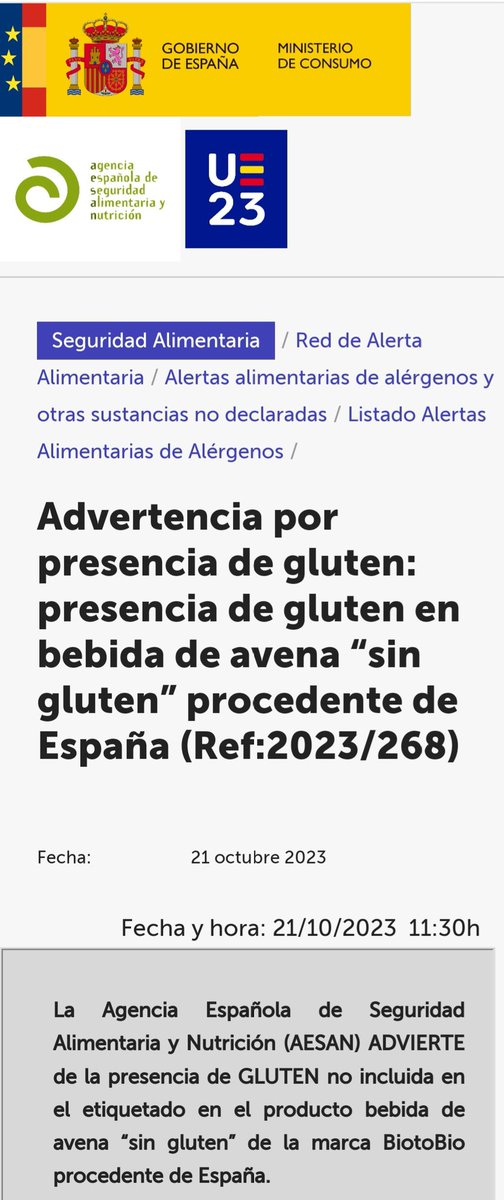 AESAN_gob_es's tweet photo. ⚠️ Exclusivamente para personas celiacas o alérgicas al gluten: presencia de gluten en bebida de avena "sin gluten "
▶️Nombre: Bebida de avena sin gluten con calcio BIO
▶️Marca: BiotoBio
▶️N° Lote: L3322
📌 https://t.co/C0xyPWnXb1 https://t.co/83nLvWgdAm