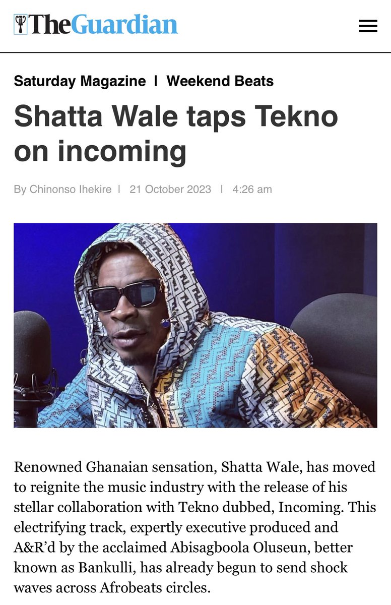 Thank you <a href="/GuardianNigeria/">The Guardian Nigeria</a> for these 😊❤️  #incoming ft <a href="/alhajitekno/">Tekno</a> 🇬🇭🇳🇬 moving up ⬆️ 
🔥🔥🔥 

Read - guardian.ng/saturday-magaz…

Cc <a href="/BankulliEnt/">BankuliEntertainment</a>