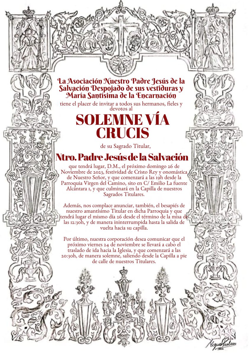 [NOVIEMBRE] Próximos actos previstos en honor a nuestros Sagrados Titulares.

#CofradiasMLG 
#VisperasMLG 
#despojadoyencarnacion 
#doshermanasmalaga