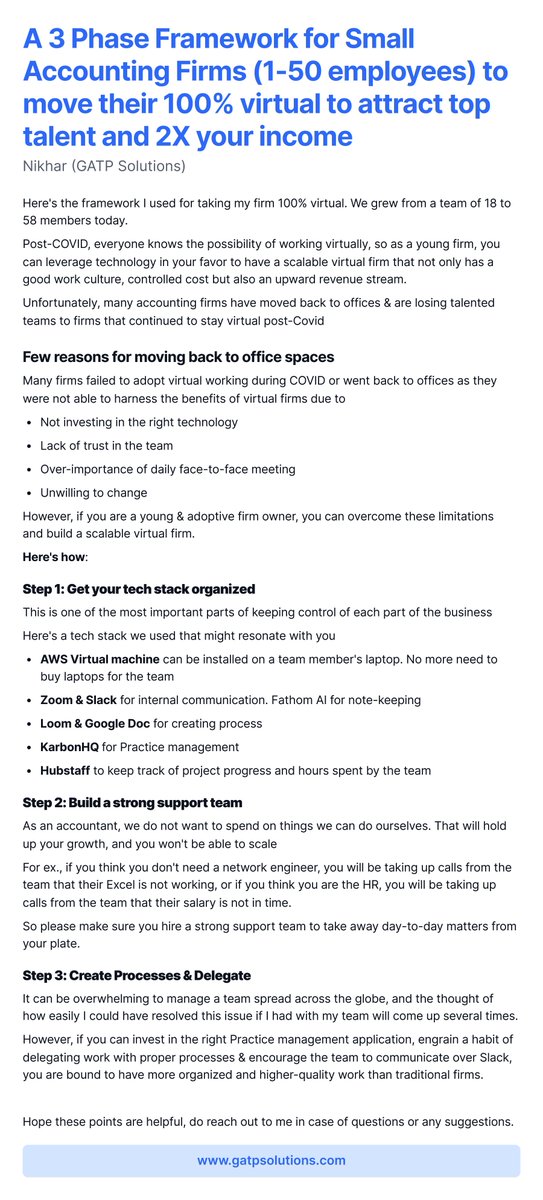 nikharmathur's tweet image. If you are a small accounting firm &amp;amp; planning to move 100% virtual these points will help you.
1 tip, do not cut corners on technology, consider this as investment not expense
#virtualfirm #cpa2023 #taxtwitter