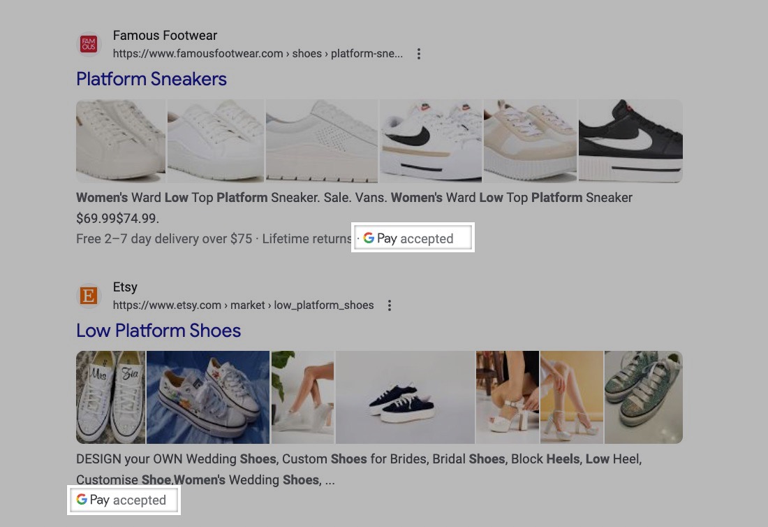 Google is now testing out a 'Google Pay Accepted' rich result attribute for eligible organic listings. This was first discovered by <a href="/b4k_khushal/">Khushal Bherwani</a> who messaged me about the test, with there also being another test variant without the coloured icon. More: brodieclark.com/notes/#oct-2023