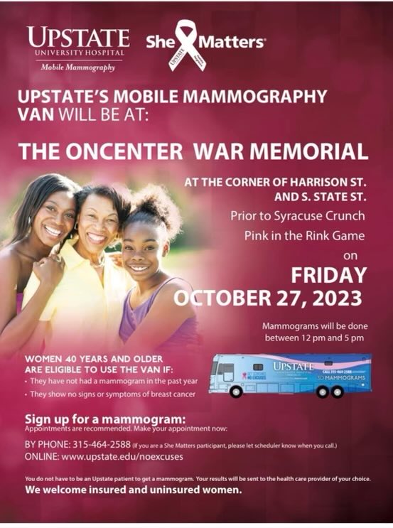 Pink in the Rink is Next Friday!! Get your mammogram done on the Upstate Mammo Van outside the rink before the game 12-5 pm. Call to schedule an appointment (315) 484-4237
#breastcancerawareness