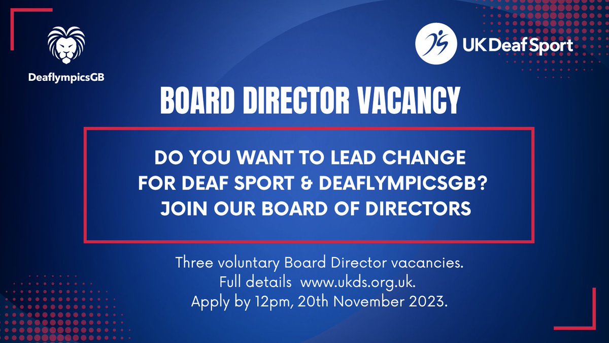 Join our #Board of #Directors & support our vision for Every #Deaf Person Active & Inspired by Sport and Physical Activity. All details & BSL translation on link ukdeafsport.org.uk/uk-deaf-sport-… #deafsport #ned #boardvacancy #charityboard #deaflympicsgb #volunter #deafvolunteer #BSL