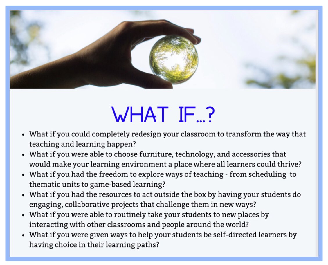 kerszi's tweet image. I woke up smiling!  Yesterday we held the 1st meeting of something we’re calling the D.R.E.A.M. team!  We met with 20 phenomenal K-12 educators from across our district to explore new possibilities in classroom design, flexible seating, new technology options, #PBL, #TeachSDGs,…