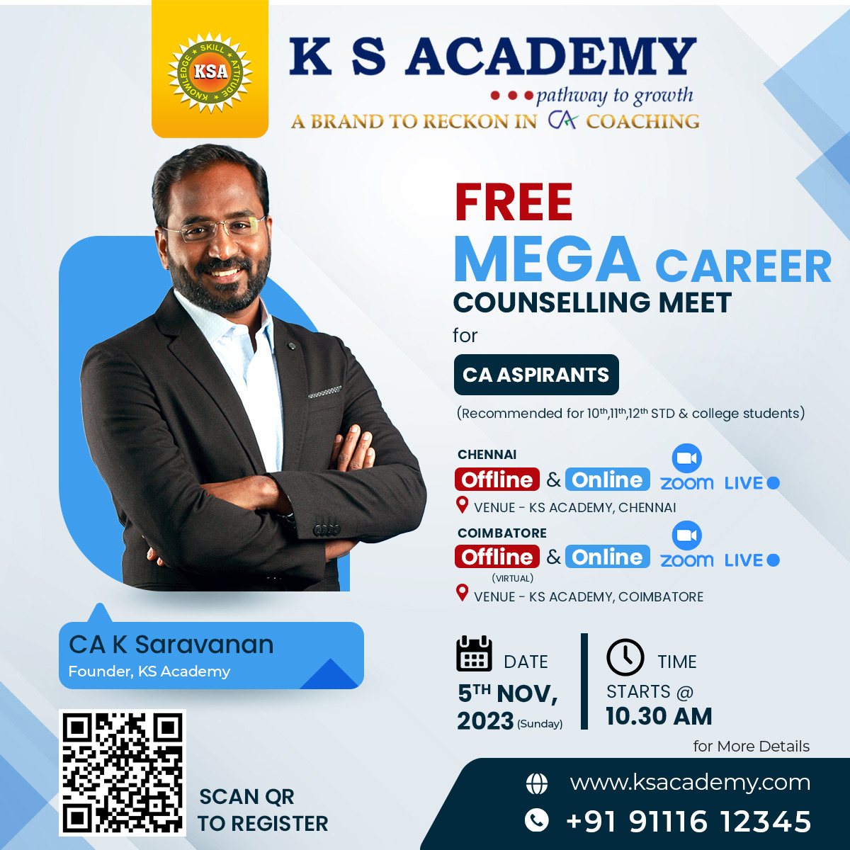 caksaravanan's tweet photo. Dear Students &amp; Parents,

✨ KS Academy welcomes you all to the Career Counselling (CC) meet exclusively for Commerce Students✨

🗓 Save the Date: November 5th (Sunday), Online zoom live Starts @ 10.30 am. 
Register Now https://t.co/L2Kv0zWoxn

📲 Call us at- 91116 12345 https://t.co/WQD9Aljcag