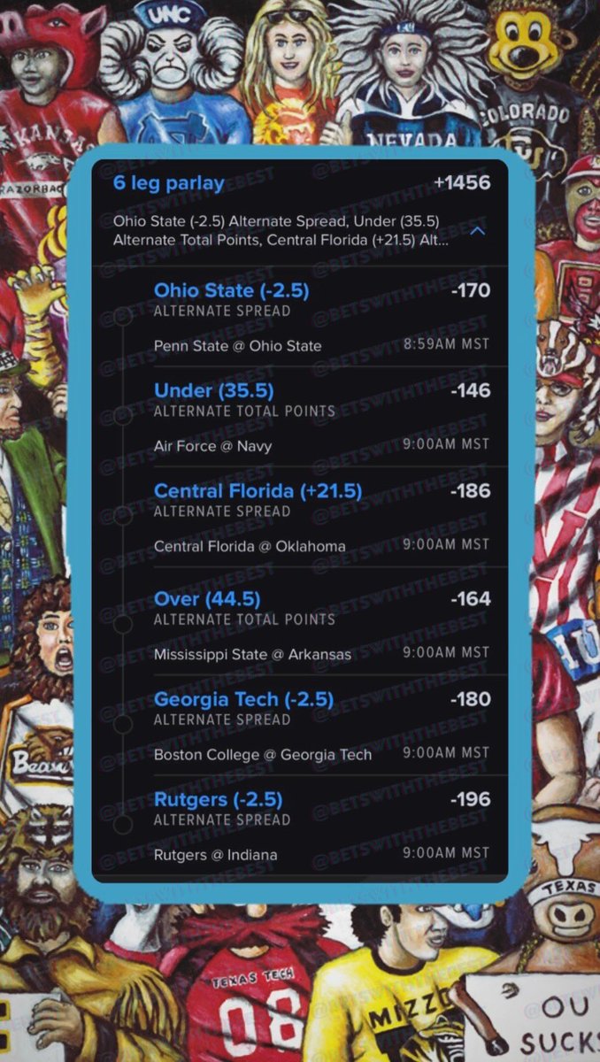 BetsWithTheBest's tweet photo. 🏈NCAAF MORNING PARLAY🏈
DM 📲 FOR PREMIUM PICKS🔒
(MISSED LAST WEEK BY 1 LEG)
#GamblingTwitter #GamblingX #sportsbetting #NCAAFootball #sportsbettingtwitter #ncaafpicks #ncaafbets #sportsbettingpicks #CollegeFootball #CollegeFootballPicks
#NCAAF #Betswiththebest https://t.co/nYN3OhqitN