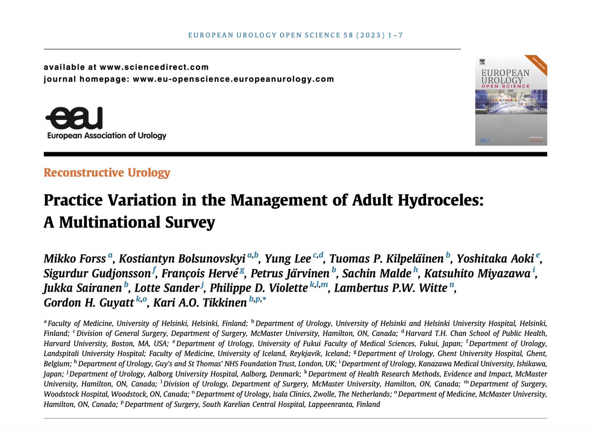 ⭐️#Hydrocele is one most common and understudied diseases in #urology 🌟Major urologic associations have no guidelines for management of adult hydroceles @EurUrolOpen just published our survey on international practice variation in the treatment of adult hydroceles #EBM 🧵1/9