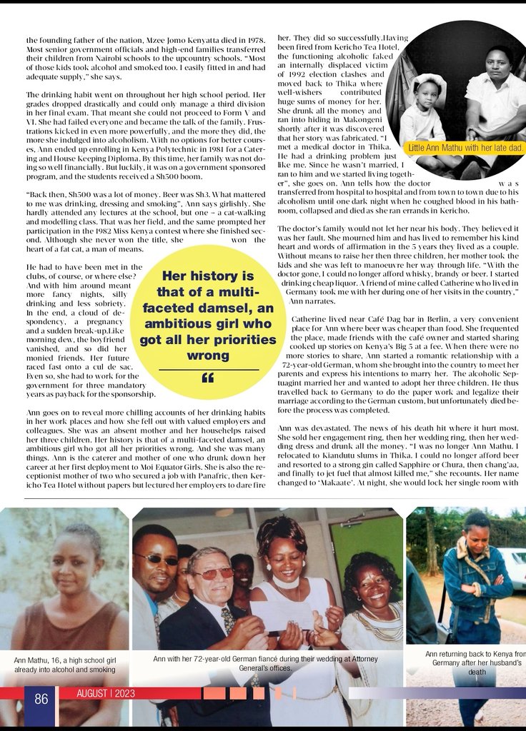 DCI_Kenya's tweet photo. NEVER TOO LATE TO TAKE A TURN: Rehabilitation works.

At the age of 10, she took her first puff of cigar. It was from her dad. That became the genesis of a three-decade struggle with smoking and alcoholism, a near-fatal life journey that saw a once celebrated Miss Kenya runner-up rot in a jhuggi after "jumpstarting" her organs with sips of jet fuel and poisoning herself twice.

Her history is that of a multi-faceted damsel, an ambitious girl who got all her priorities wrong. It is the history of a lifeist, club-hopper, job-hopper, opportunist and one with a YOLO mentality...but not "forever and for always".

Recounting the dark past and the heartwarming message of hope that gave her another lease of life is Ms Ann Mathu, the current NACADA Vice Chairperson.

As the 5.8ft plus makes her way to the DCI reception, heads turn in admiration of the renowned voice that champions for the rehabilitation of willing alcoholics and drug addicts.

'The DCI' conducted an interview with Ann Mathu who recently celebrated 18 years of uninterrupted sobriety, and compiled her soul-stirring story of hope for addicts and victims of substance abuse disorder.

Get inspired!