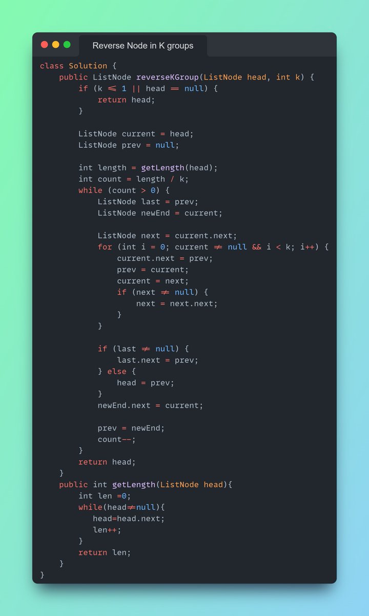 Imbhavaniprasad's tweet image. DSA #dailycodechallenge
#110 Reverse Nodes in K groups
Tip : Same as Reverse LL II ,just do the same in groups
#DSAWithKunal #100daysofcoding #leetcode