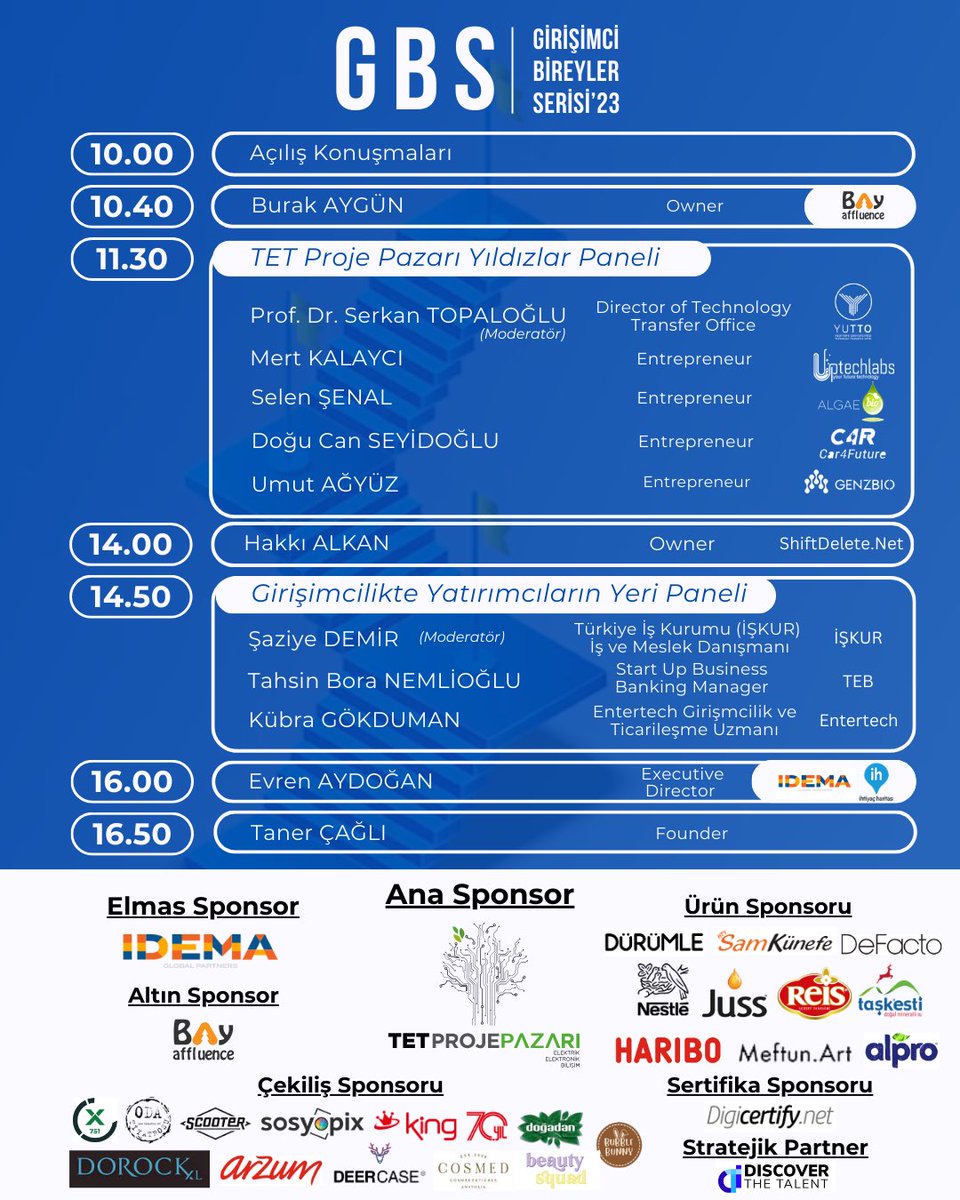 Girişimci Bireyler Serisi birçok farklı sektörden başarılı girişimcilerle ve sektör temsilcileriyle 26 Ekim'de İstanbul Üniversitesi Cerrahpaşa Avcılar Kampüsü Mühendislik Fakültesi Konferans Salonu'nda sizlerle. 💙