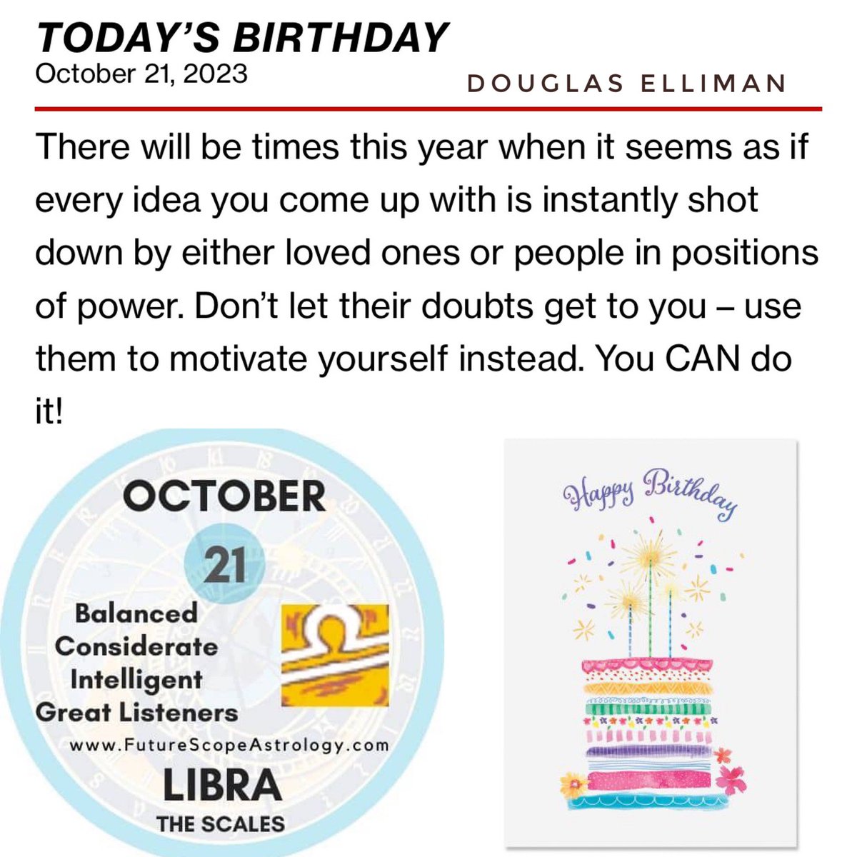 CorinnePulitzer's tweet image. For everyone celebrating a #Birthday today, #October21st, checkout your Horoscope &amp;amp; enjoy your special day! ♎️🎉🎈🎂🎊🎁🥂🍾👏🏻👏🏻👏🏻👏🏻👏🏻 #happybirthday #Libra  #horoscope @DouglasElliman