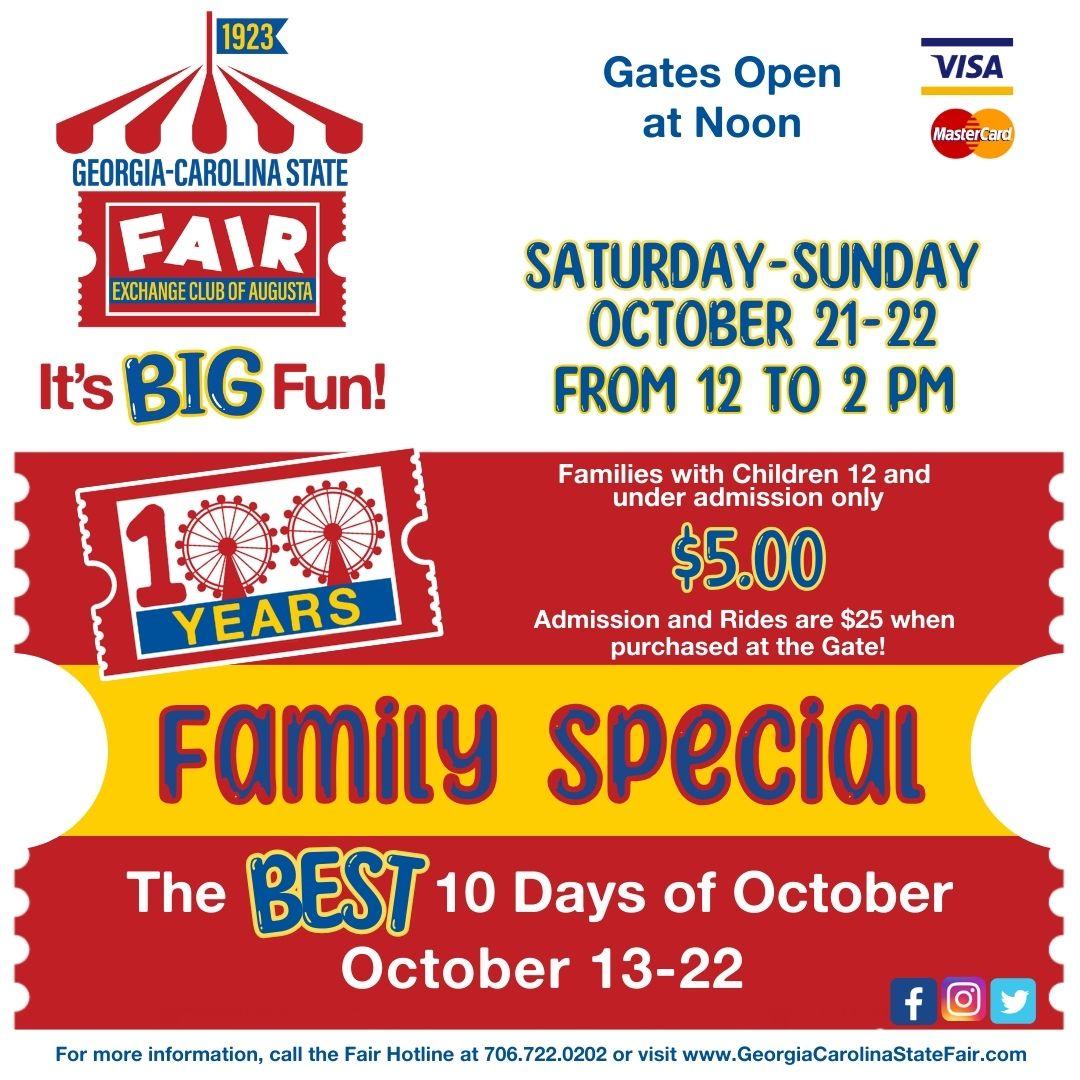 FAMILY SPECIAL this weekend at the Georgia-Carolina State Fair!

#GeorgiaCarolinaStateFair #itsbigfun #thebest10daysofoctober 
#fairfood #fairrides #GCSF #GCSF2023 #familyspecials #exchangeclubofaugusta
#100yearsofBEST