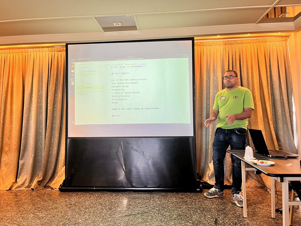 At <a href="/SoCraTes_Italy/">SoCraTes IT</a> there is <a href="/matteobaglini/">Matteo Baglini</a> speaking about TDD SOLID FP and how they cope together.