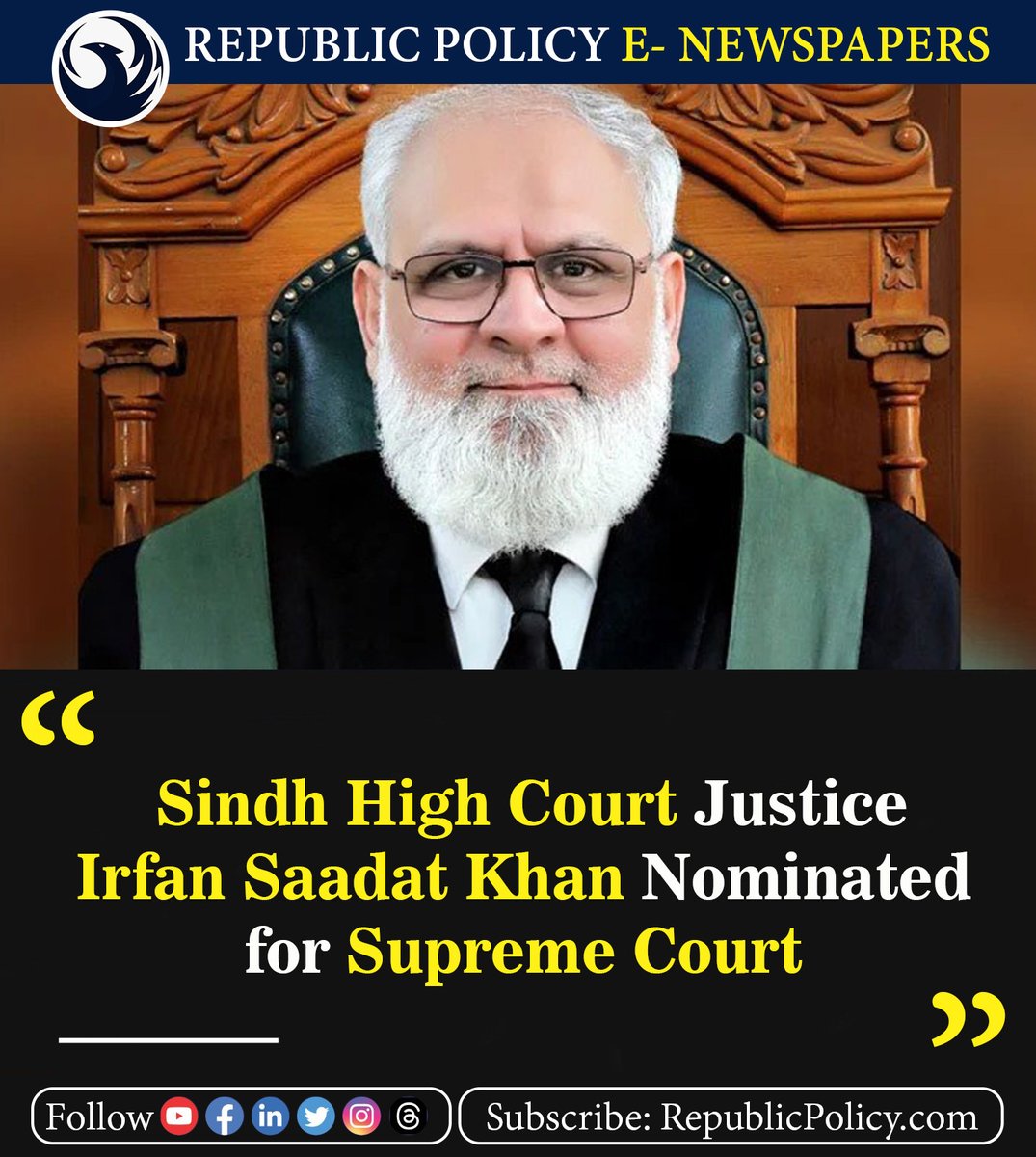ISLAMABAD: The Judicial Commission of Pakistan (JCP) unanimously granted its approval on Friday for the elevation of Irfan Saadat Khan.

Read more: republicpolicy.com/sindh-high-cou…

#SupremeCourt #JudicialCommission #Pakistan #SindhHighCourt #Justice #News