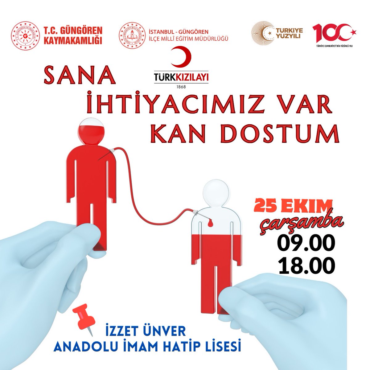❣️SANA İHTİYAÇ VAR, KAN DOSTUM❣️Toplumsal dayanışmaya ihtiyaç duyduğumuz bu günlerde siz değerli kan bağışçılarımızı, İzzet Ünver AIHL de kurulan Türk Kızılay Bağışı Noktalarına davet ediyoruz.❣️
<a href="/_ferhat_ozturk/">Ferhat Öztürk</a> 
<a href="/istanbulilmem/">İstanbul İl Millî Eğitim Müdürlüğü</a> 
<a href="/GungorenKym/">GüngörenKaymakamlığı</a> 
<a href="/Gungorenbld/">Güngören Belediyesi</a>