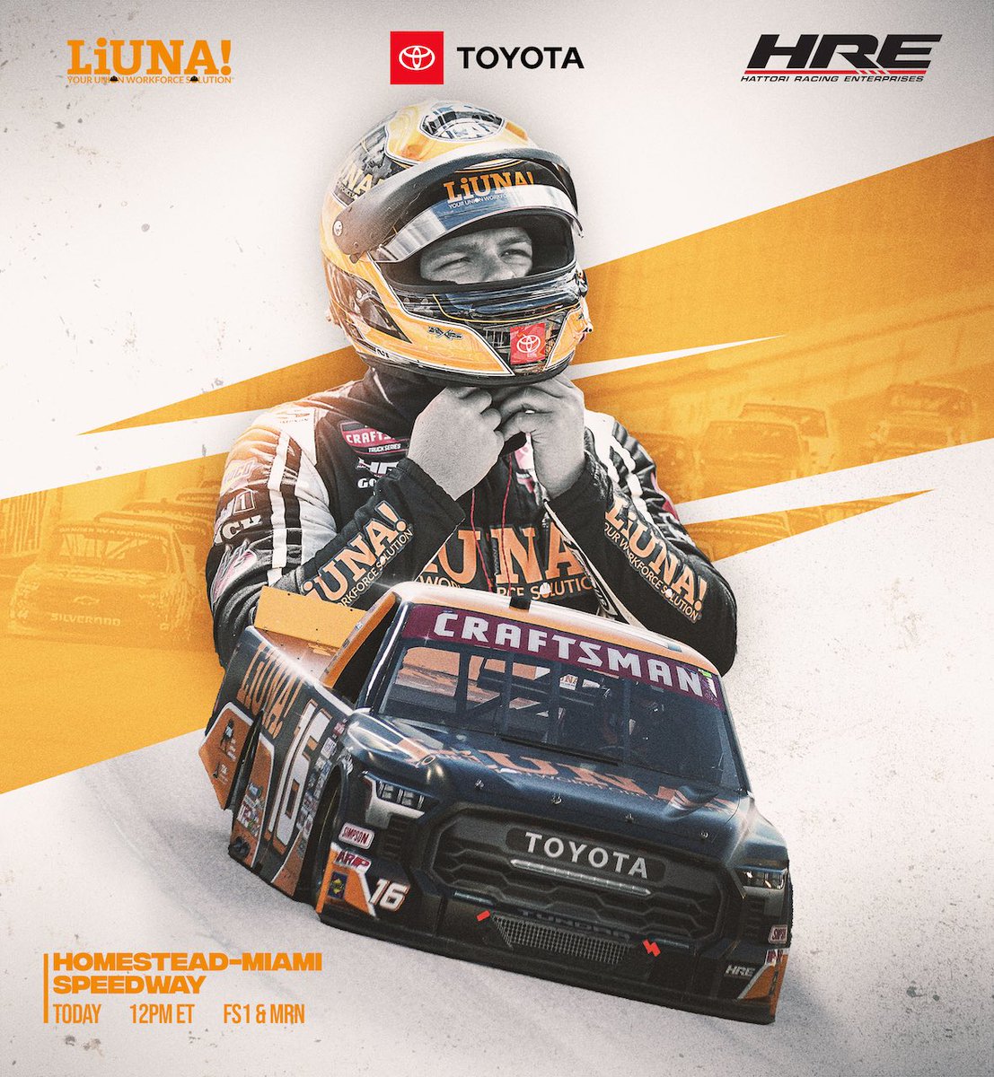 TylerAnkrum's tweet photo. It’s Race Day at @HomesteadMiami.
Rollin’ off 16th at 12pm ET on @FS1.
#NASCAR #NCTS #LIUNA #YourUnionWorkforceSolution #TeamToyota #HRE #BaptistHealth200 https://t.co/kRfWgxxLl1