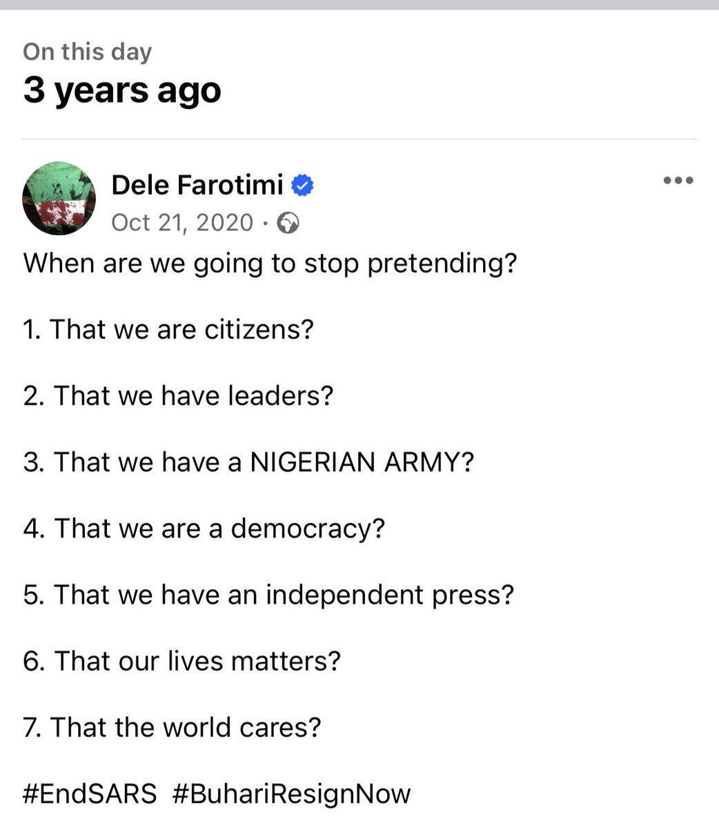 DeleFarotimi's tweet photo. When are we going to stop pretending?

1. That we are citizens?

2. That we have leaders?

3. That we have a NIGERIAN ARMY?

4. That we are a democracy?

5. That we have an independent press?

6. That our lives matters?

7. That the world cares?

#EndSARS https://t.co/opLrIz2T9F