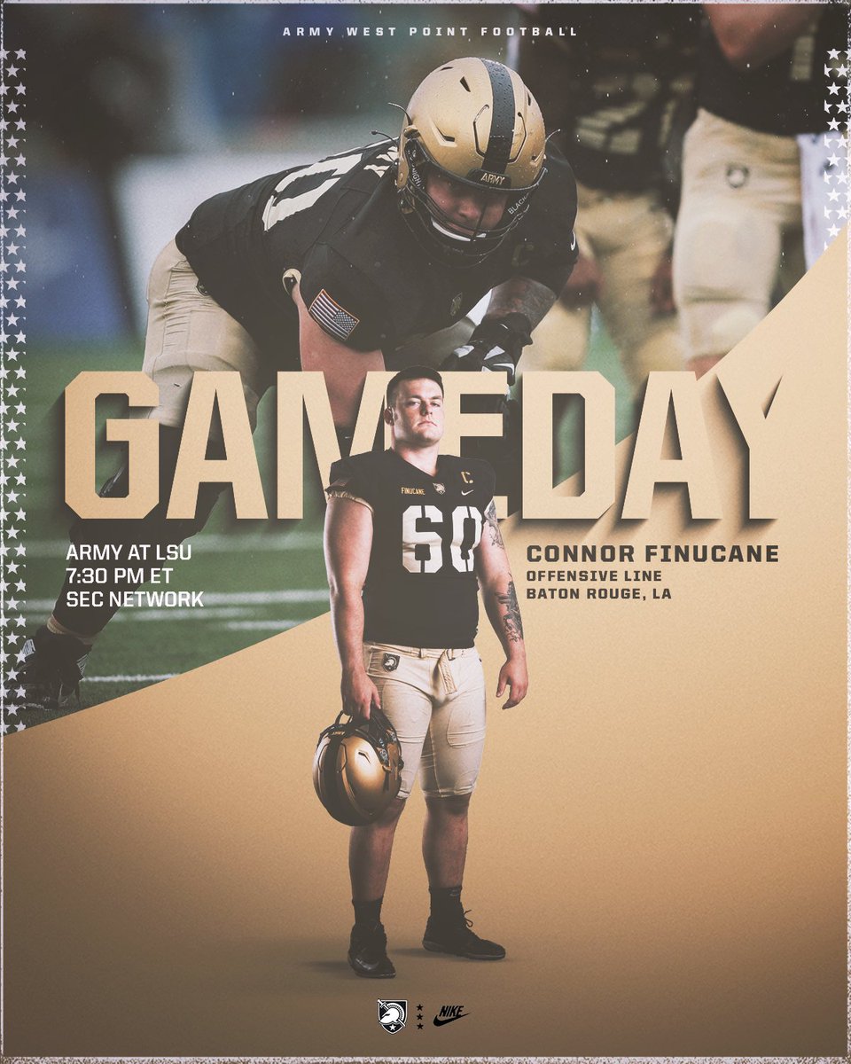 ArmyWP_Football's tweet photo. Battle in the Bayou.

🆚 LSU
🕢 7:30 PM ET
📺 @SECNetwork 
📻 https://t.co/Bmr88fw9wB
📱 Varsity Network App
📊 https://t.co/4ma950enNE

#GoArmy