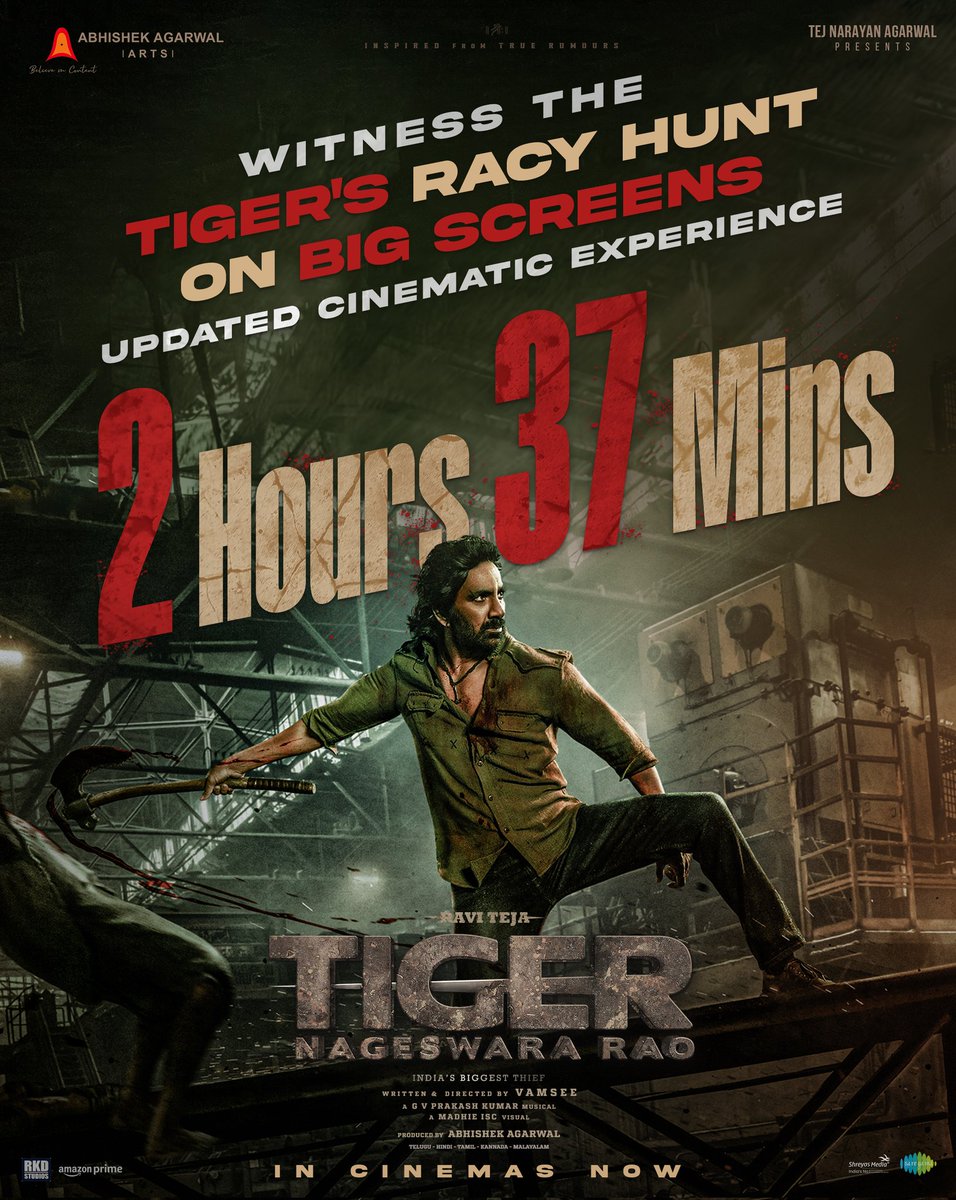 #TigerNageswaraRao - a racy tale of India's Biggest Thief with a cinematic experience of 2 Hours 37 Minutes 💥💥

Enjoy the ROARING DASARA WINNER in cinemas near you ❤️‍🔥

BOOK YOUR TICKETS NOW 🐅
- linktr.ee/TNRTickets

<a href="/RaviTeja_offl/">Ravi Teja</a> <a href="/DirVamsee/">VAMSY</a> <a href="/AnupamPKher/">Anupam Kher</a> <a href="/AbhishekOfficl/">Abhishek Agarwal 🇮🇳</a>