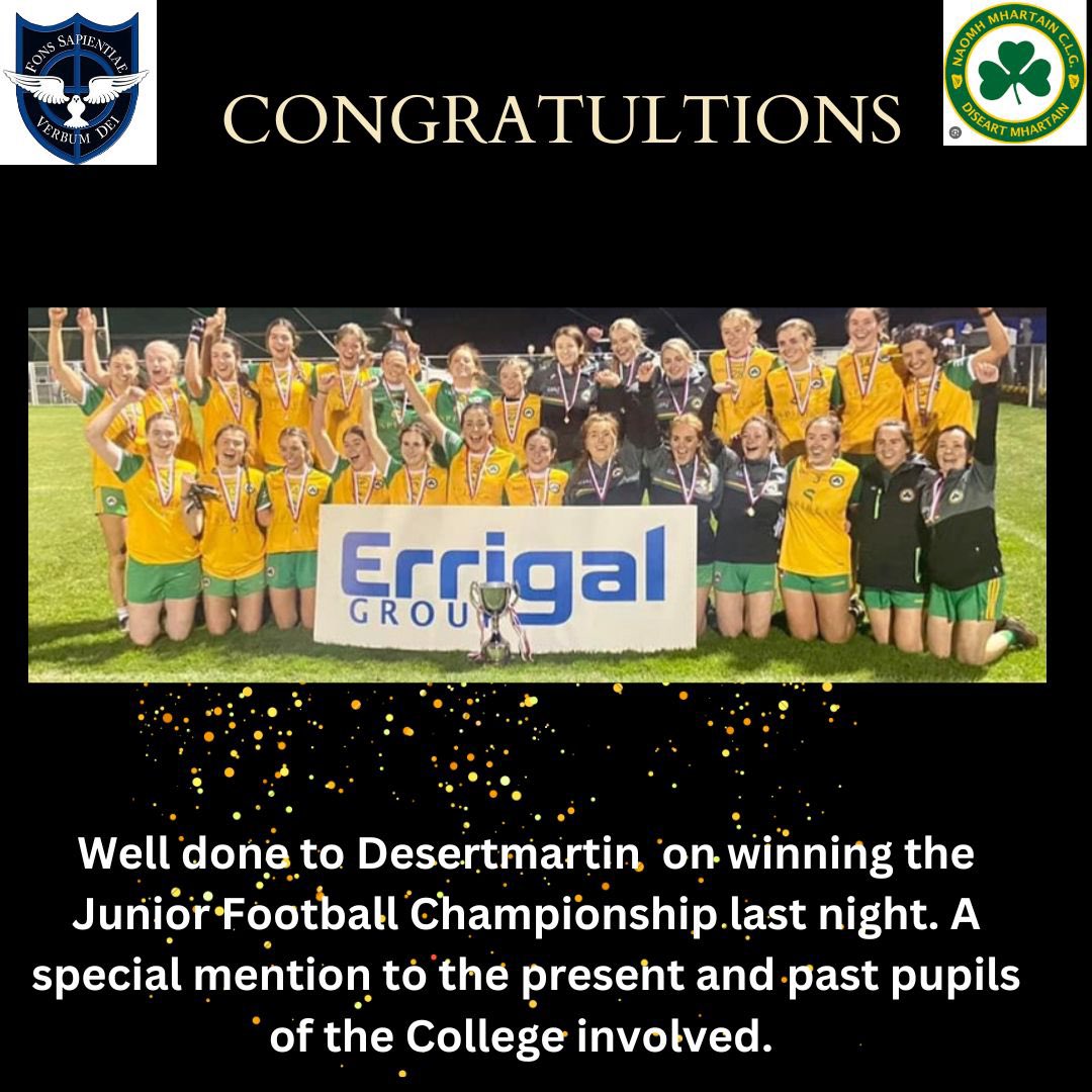 St Patrick's College (@stpatsmaghera) on Twitter photo Well done <a href="/DesertmartinGAC/">Desertmartin GAC</a> on your Ladies Junior Football championship success last night. šš Well done <a href="/DesertmartinGAC/">Desertmartin GAC</a> on your Ladies Junior Football championship success last night. šš