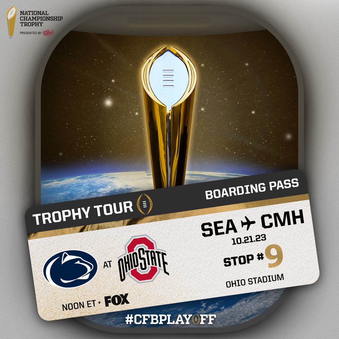 Saturday in the Shoe! The #NationalChampionship Trophy is on site for a battle between undefeated teams in the @bigten East! 🏆 #CFBPlayoff Trophy Tour 🏈 @PennStateFball at @OhioStateFB 📅 Saturday, October 21 🕰 Noon ET 🏟 Ohio Stadium 📍 Columbus, Ohio 📺 FOX