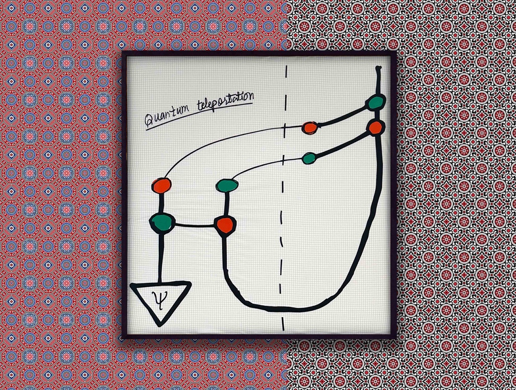 Entangled Threads: Quantum Teleportation
This diagram by <a href="/humza/">Humza</a>.nama uses Quantum Picturalism, pioneered by Bob Coecke, it illustrates the phenomenon of quantum teleportation.