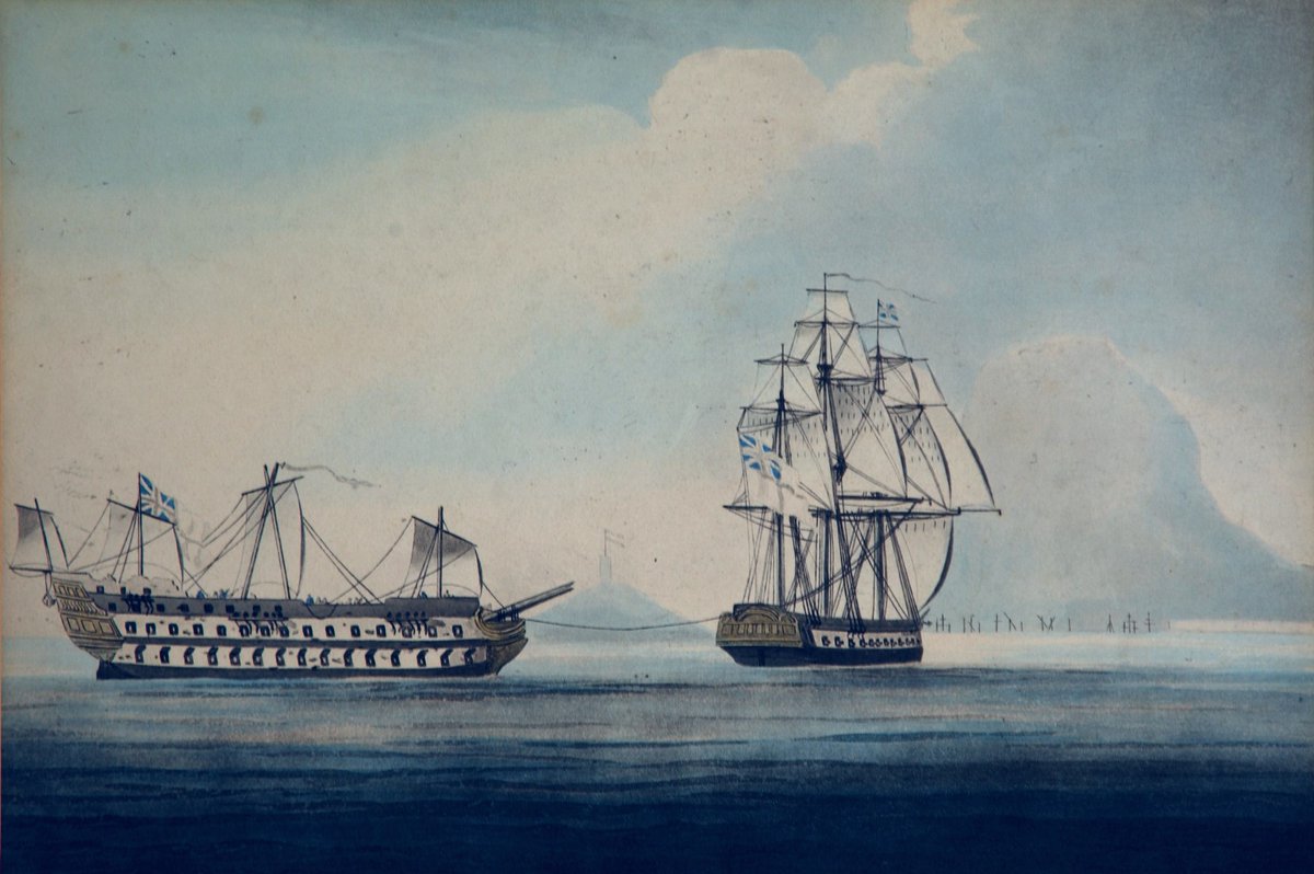 Today is the anniversary of the Battle of Trafalgar on 21st October, 1805. Image of HMS Bellisle in tow on the morning of 24th October, 1805, having narrowly escaped shipwreck at Tarifa the preceding night. @GibraltarMuseum @FinlaysonGib @GibGerry @GibHeritage @cortes_john