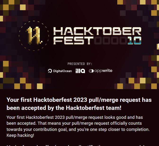 ezziData's tweet photo. I'm excited to share that my initial open source contribution for #Hacktoberfest '23 has been approved. Starting off strong! 🚀🎉

#Hacktoberfest #100DaysOfCode #Hacksquad #opensource #contribution https://t.co/340vHYMX5Q