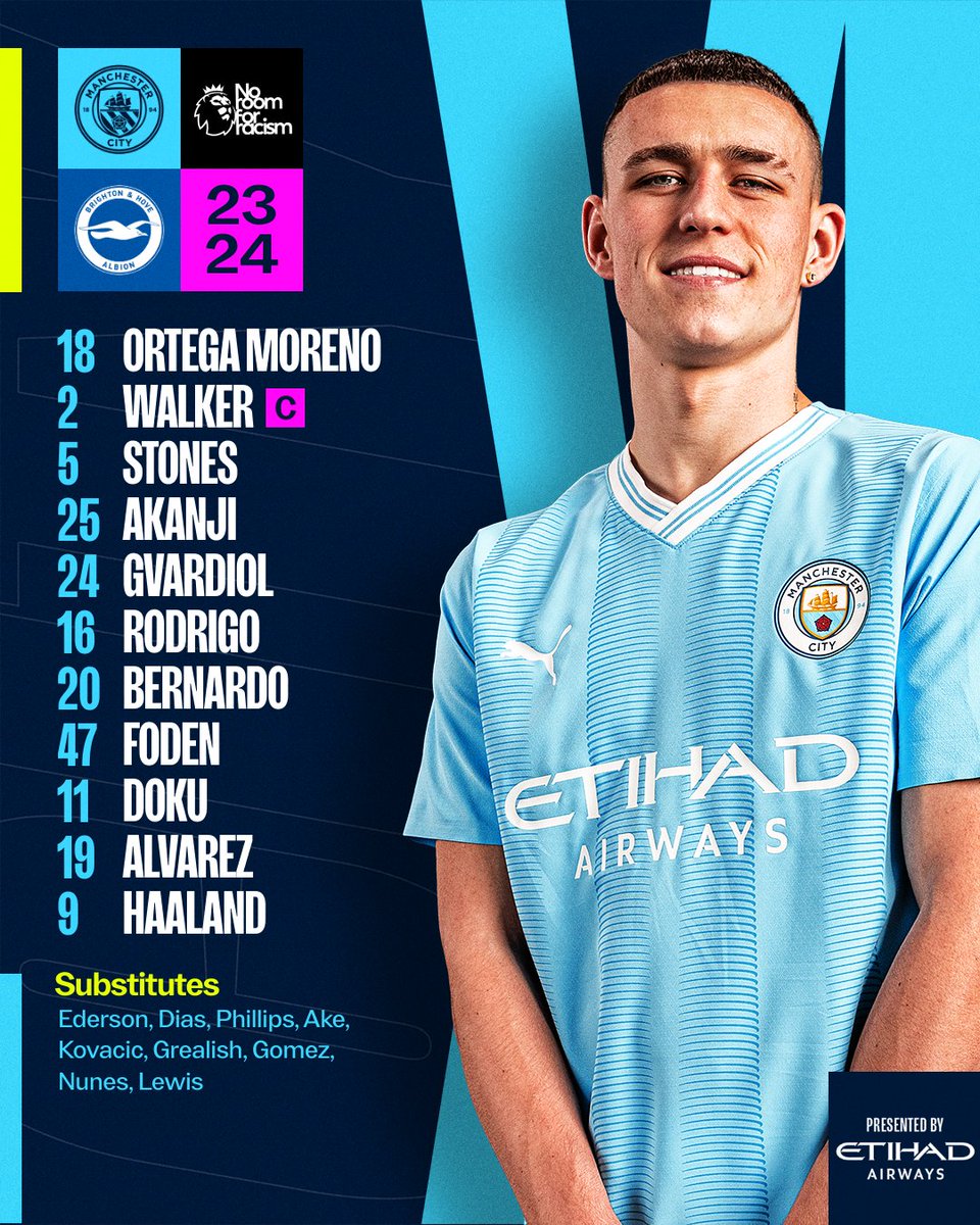 ManCity's tweet photo. Your City XI for #MCIBHA 👊

XI | Ortega Moreno, Walker (C), Stones, Akanji, Gvardiol, Rodrigo, Bernardo, Foden, Doku, Alvarez, Haaland

SUBS | Ederson, Dias, Phillips, Ake, Kovacic, Grealish, Gomez, Nunes, Lewis

#ManCity | @etihad https://t.co/EhrtUkaKvt