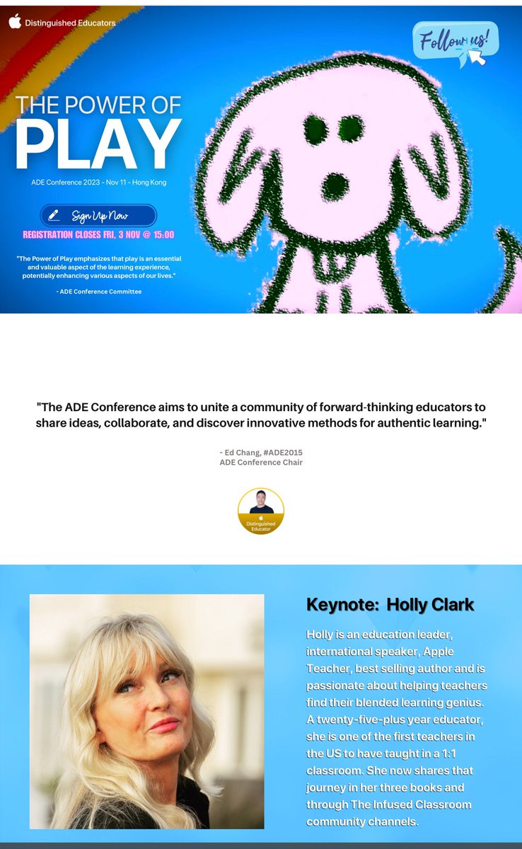 FutureLearnHK's tweet photo. The #adeconference began w/HK #ADEs wanting to take more risks for #teaching &amp; #learning. We were lucky to have #ADE @mrhooker for #ADEHK2019!

For #ADEHK2023, we’re thrilled to have #appleteacher @HollyClarkEdu share how AI can be friends w/us in the classroom!

#AppleEDUchat https://t.co/GDLP75oa0E