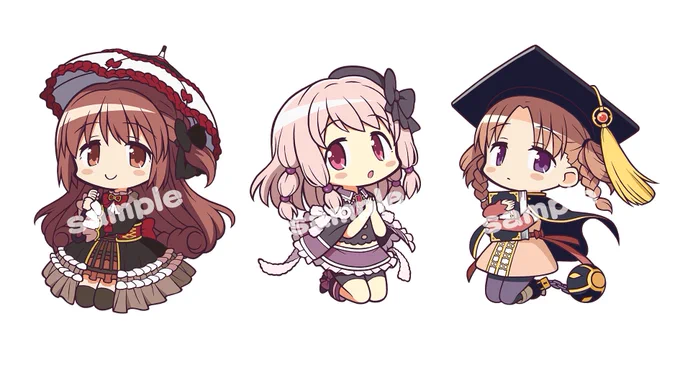 プリレコ11新作グッズその1 アクリルキーホルダーのイラストになります! 原作からマミさん、なぎさちゃん マギレコから病院組の3人(ういちゃん、灯花ちゃん、ねむちゃん)です! #プリレコ11