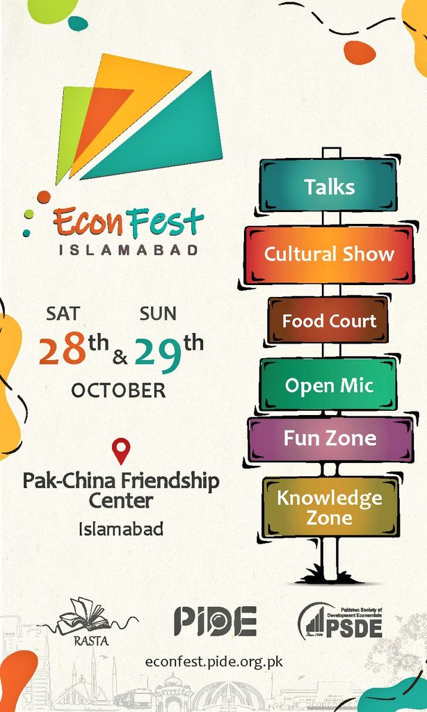 This combination of elements makes EconFest an engaging and multifaceted event. 
Mark your calendar 28th & 29th October 2023 at Pak China Friendship Center
#EconFest #Islambad #PIDEIdeas #PolicyReform 
2/2