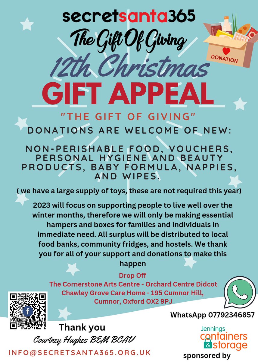 My daughter <a href="/BcavHughes/">Courtney Hughes BEM BCAv</a> has run her organisation <a href="/SantaCharity/">Secret Santa 365</a> for over 12 yrs. Now more than ever we need support to help families with essentials over the #Christmas Period. Want to get involved?  #Donations, collection points and #Volunteers needed. 
m.facebook.com/story.php?stor…