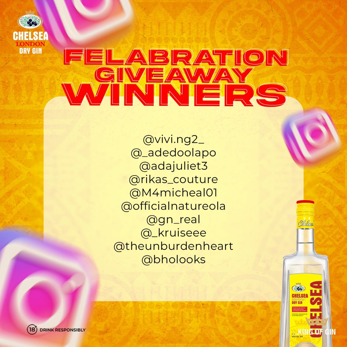 ChelseaDryGin's tweet photo. Winners from our #Felabration2023 Live Finale Giveaway. Congratulations to all the winners 🏆 

#ChelseaDryGin #KingOfGin #SpiritOfSuccess #QuestionJamAnswer https://t.co/RFzPJZVH4T