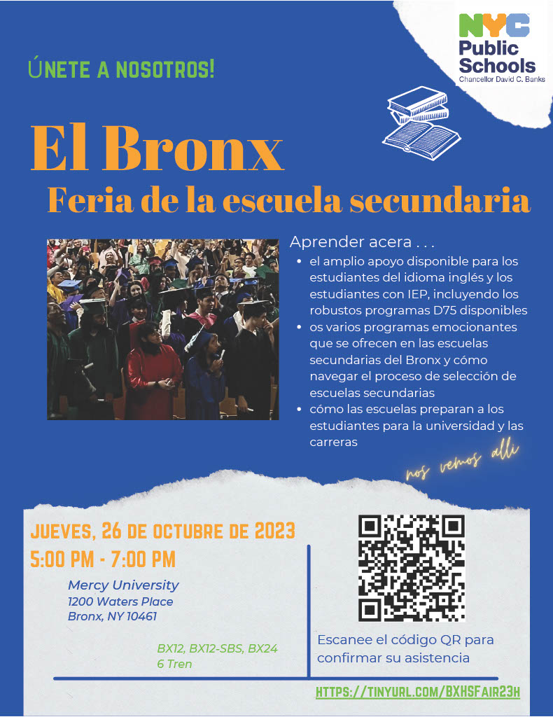 Join us for The Bronx High School Fair!

On October 26th, families from across boroughs can learn more about the many exciting programs offered in Bronx High Schools.

RSVP: on.nyc.gov/3s1XNv4