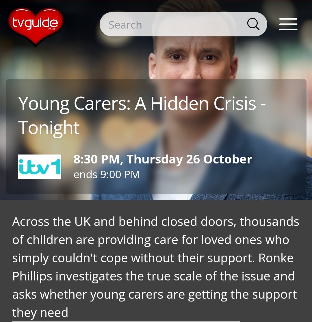 Looking forward to Thursday's @ITVTonight which is all about young carers. @CarersTrust @CarersTrustScot have supported with this over the last few months. Thursday 26th October, 8:30pm, ITV1. Please do tune in and RT to get as many people watching as possible.@ronkephillips