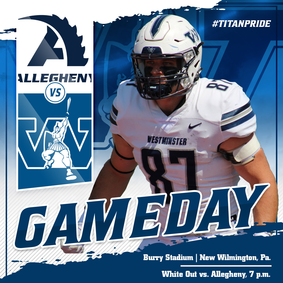 Football hosts Allegheny in a white out game in New Wilmington, Pa. inside Burry Stadium. The game will start at 7 p.m.

Good luck Titans!
#d3football #pacfootball