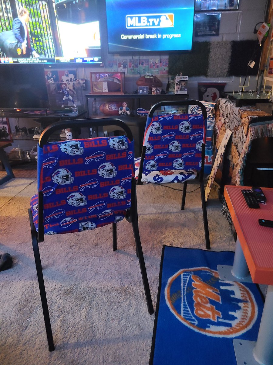 I had some #Bills fabric and a ton of towels that were SGAs. Figured, what the hell, let's make these ugly chairs <a href="/BuffaloBills/">Buffalo Bills</a> chairs. Not to shabby, eh? #BillsMafia