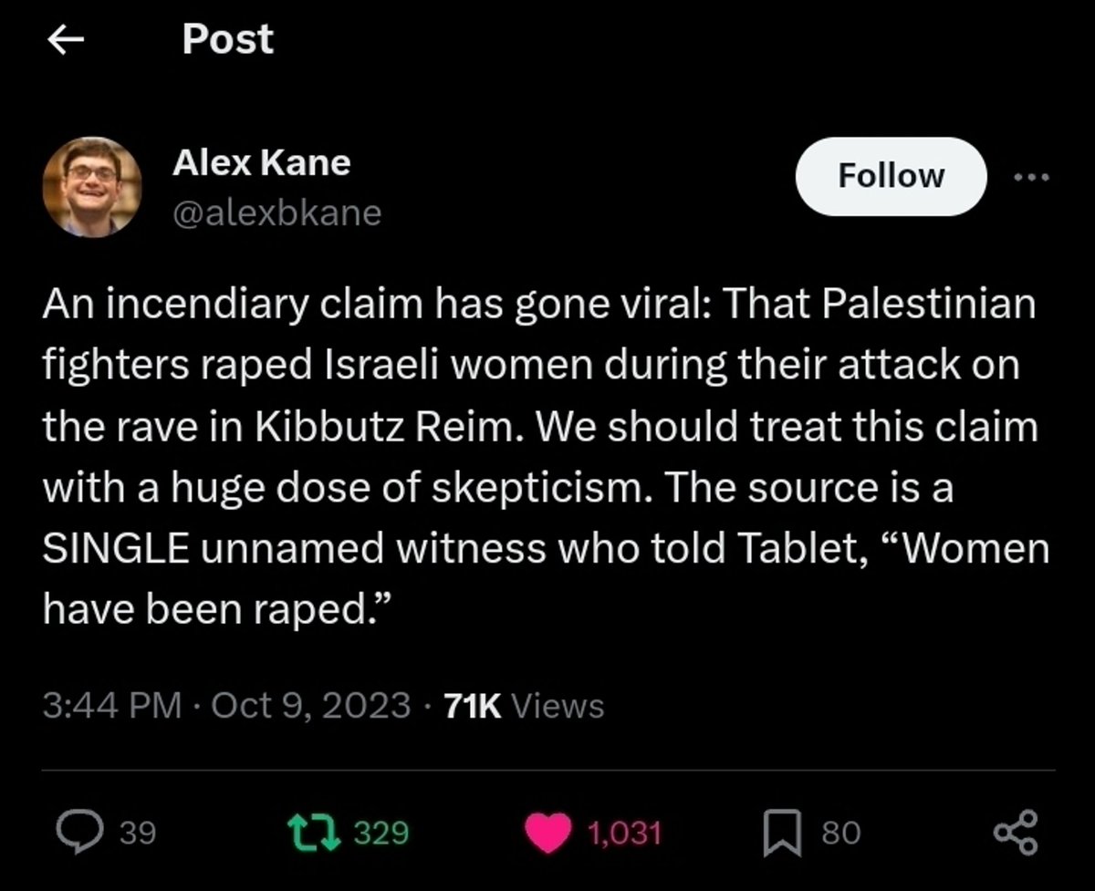 just spotted this but reporter @alexbkane is warning people to be skeptical about claims of Hamas actions at Kibbutz Reim. Twitter/X is a hive of disinformation and Israel historically spends a lot of money on making information on these events hard to verify