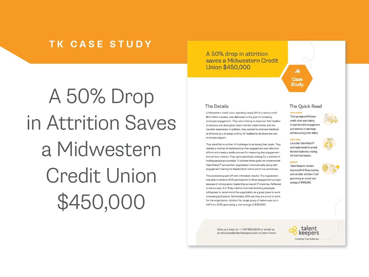 How did a top regional Credit Union reduce teller attrition by 50%? With our TalentWatch engagement solution. Actual data showed improvement on 6 of 9 key metrics. Get the details on this case study and others here: buff.ly/44KAuUw  #TalentKeepers