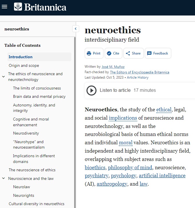 I am so excited to announce that my entry on #neuroethics is published in the Encyclopedia Britannica! (@Britannica) 👁️ 🧠

Huge news that this fascinating field has been included in the oldest and arguably most reputable encyclopedia in the world 🎆

britannica.com/topic/neuroeth…

1/2