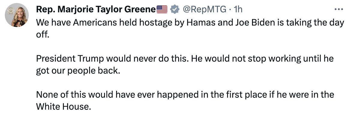 Victorshi2020's tweet photo. Hey Marjorie: You are lying. President Biden is NOT taking a day off. He already met with staff &amp; will speak with allies later. Trump shared Israeli intelligence with Russia &amp; funded Iran’s Islamic Revolutionary Guard. And Biden has NOTHING to do with this. F*ck off, Marjorie. https://t.co/x2pXuPtITm
