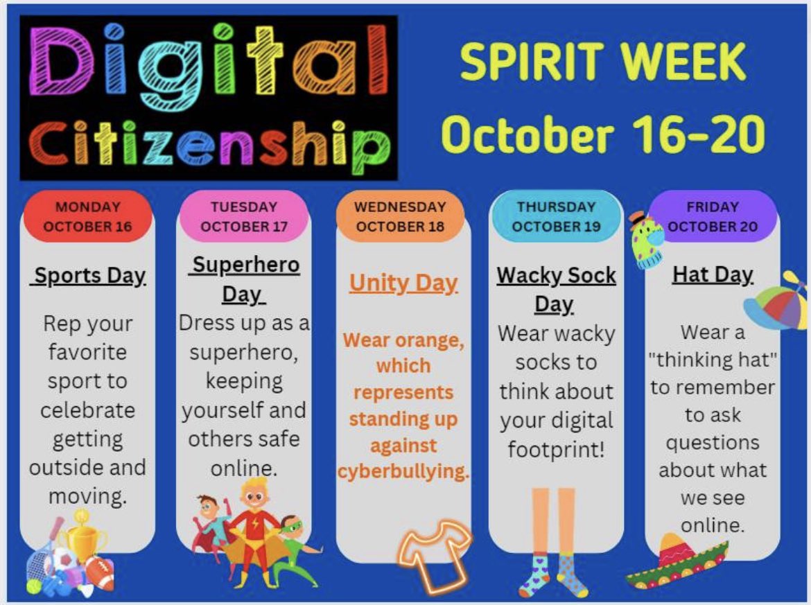 Digital Citizenship Week is next week! We will be promoting balanced technology use and online safety. Be sure to participate in our daily spirit days!