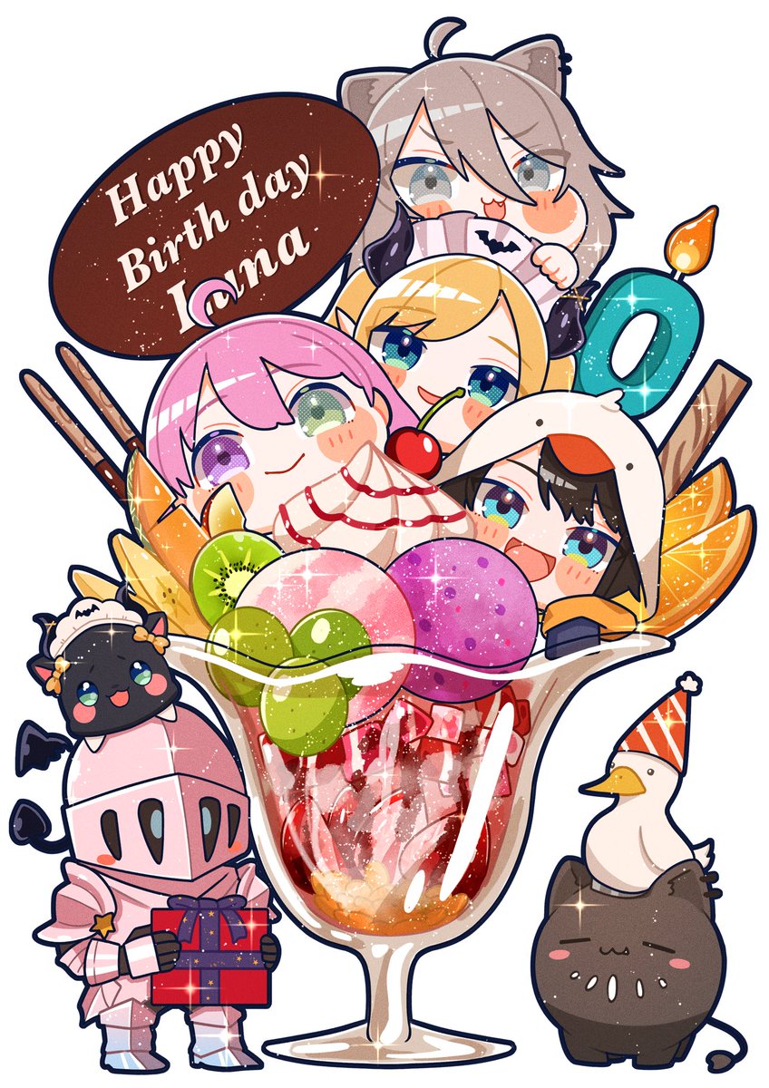himemori luna ,oozora subaru ,shishiro botan ,yuzuki choco cherry food multiple girls fruit horns 4girls pink hair  illustration images