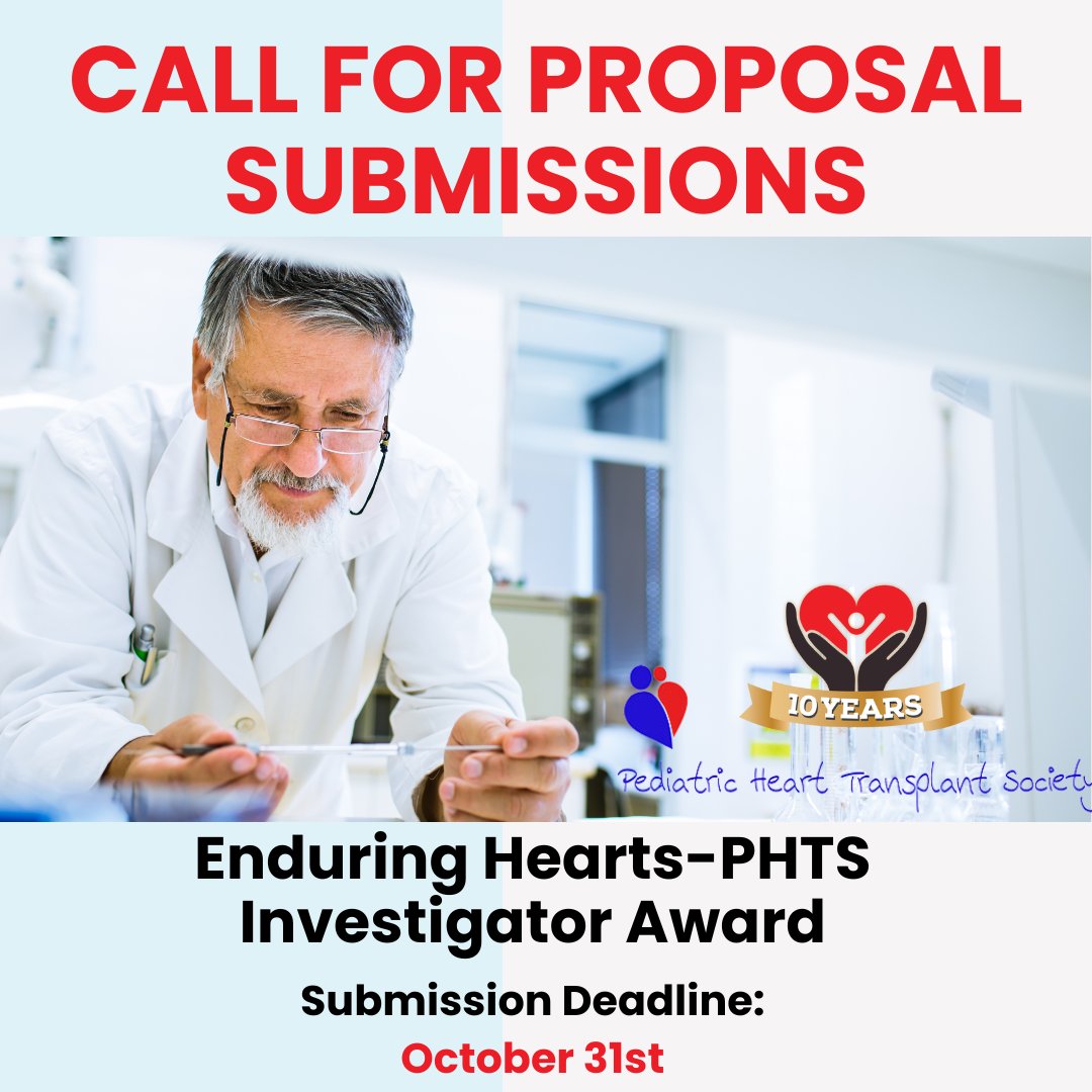 Calling for proposal submission for our Enduring Hearts/@PHTSociety Investigator Award! Application Submission Deadline: October 31st. Proposal Application: pediatrichearttransplantsociety.org/new-study-prop… For more details about this research award visit: pediatrichearttransplantsociety.org/enduring-heart…