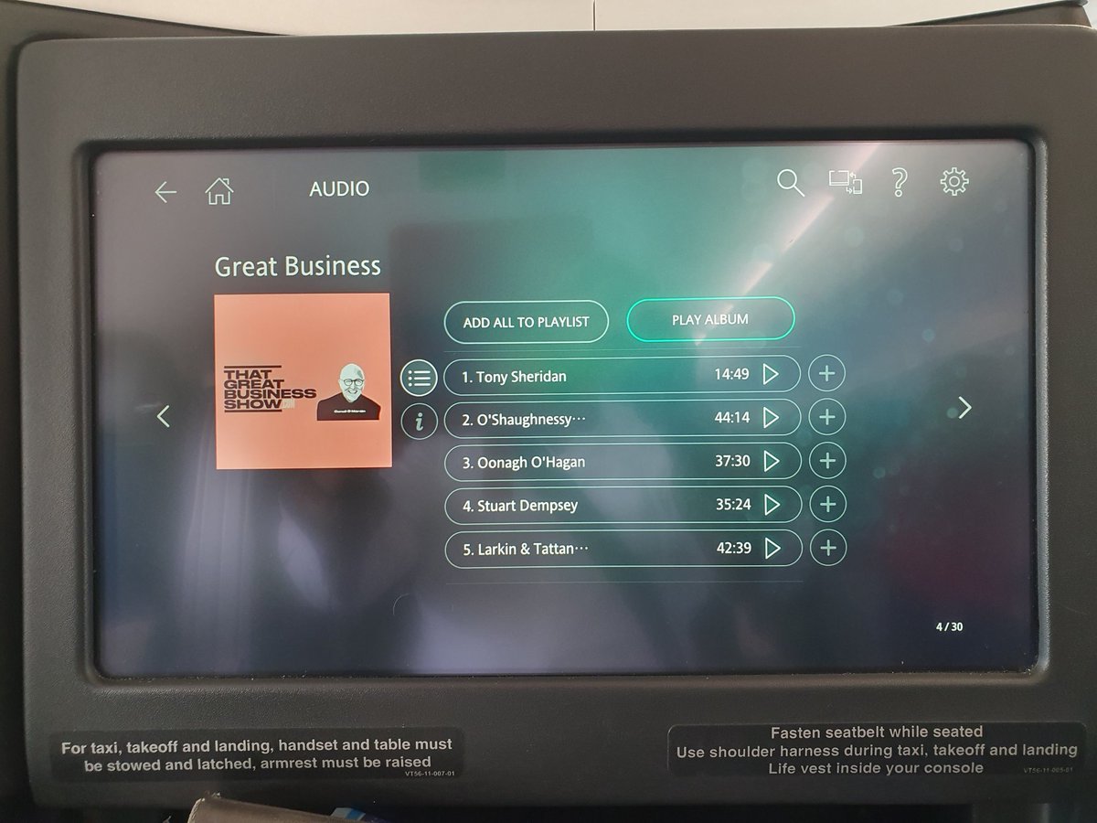 Conall O Móráin (@conallom) on Twitter photo Sounding great at 30,000 feet.
We're obviously thrilled <a href="/TeamGBS1/">That Great Business Show</a> was selected as <a href="/AerLingus/">Aer Lingus</a> long-haul in-flight entertainment.
This is the first selection of interviews that will be updated regularly.
<a href="/MeaghersPharmcy/">Meaghers Pharmacy</a> <a href="/Oonagh_OHagan/">Oonagh O'Hagan</a> <a href="/Bradley_Airport/">Bradley Intl Airport</a> <a href="/gamerfest/">Zimmer</a> <a href="/KeepersHeart/">Keeper's Heart Whiskey</a> Sounding great at 30,000 feet.
We're obviously thrilled <a href="/TeamGBS1/">That Great Business Show</a> was selected as <a href="/AerLingus/">Aer Lingus</a> long-haul in-flight entertainment.
This is the first selection of interviews that will be updated regularly.
<a href="/MeaghersPharmcy/">Meaghers Pharmacy</a> <a href="/Oonagh_OHagan/">Oonagh O'Hagan</a> <a href="/Bradley_Airport/">Bradley Intl Airport</a> <a href="/gamerfest/">Zimmer</a> <a href="/KeepersHeart/">Keeper's Heart Whiskey</a>