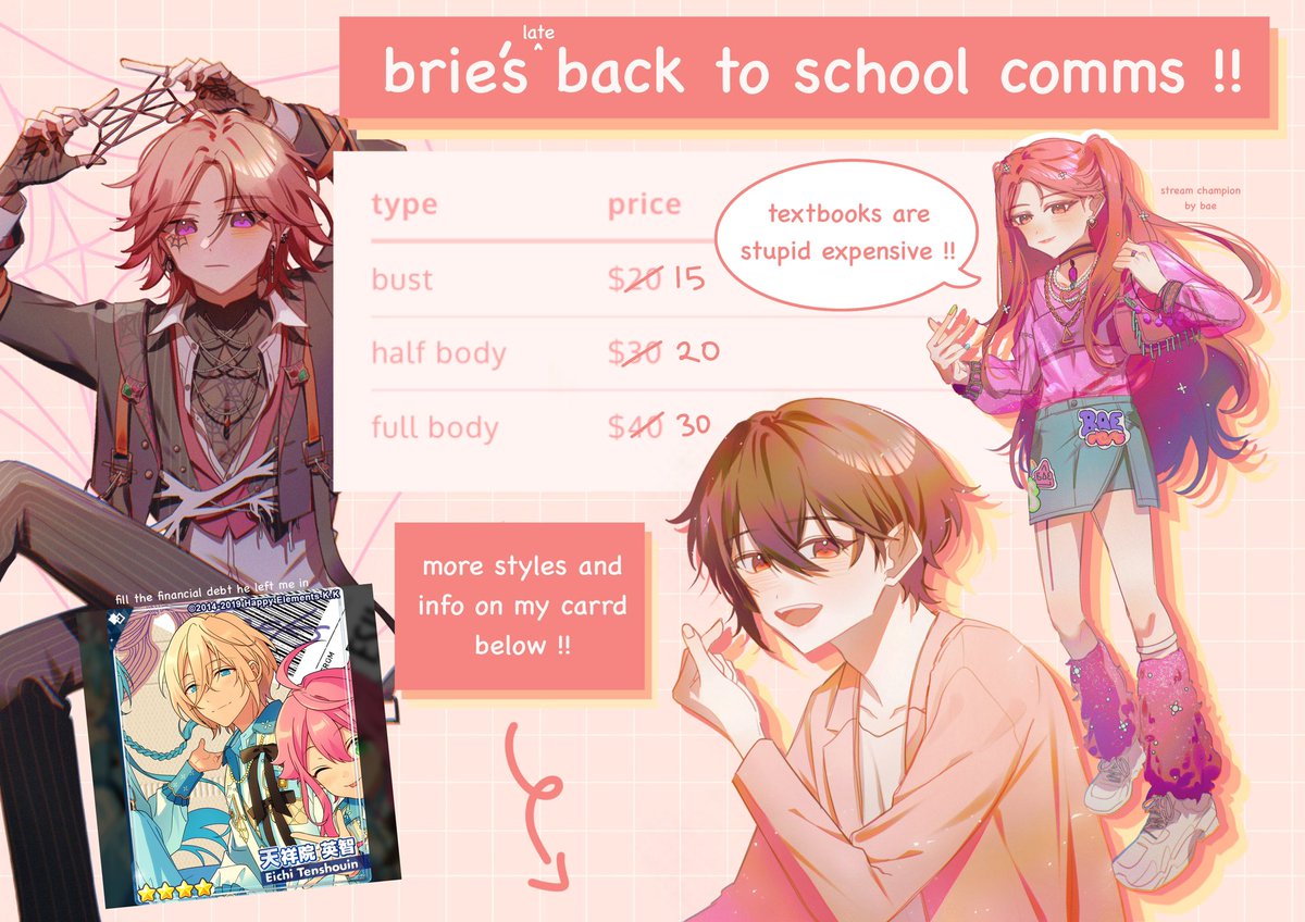 [rts❣️]  HI this is so late but if u like my art and want to support me in these trying times of freshmen (🤢) year again i'm reducing the pricing of my sketch c0mms for a limited time bc i am poor !! ty for reading + more info below 🫶🫶