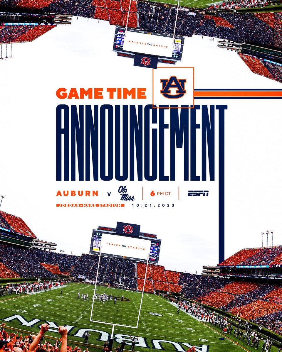 AuburnFootball's tweet photo. 🔙 home under the lights in ✌️weeks!

🗓️ Oct. 21
⏰ 6PM
📺 @espn 
🔵 Stripe the Stadium 🟠 https://t.co/4pYAfU4CRQ
