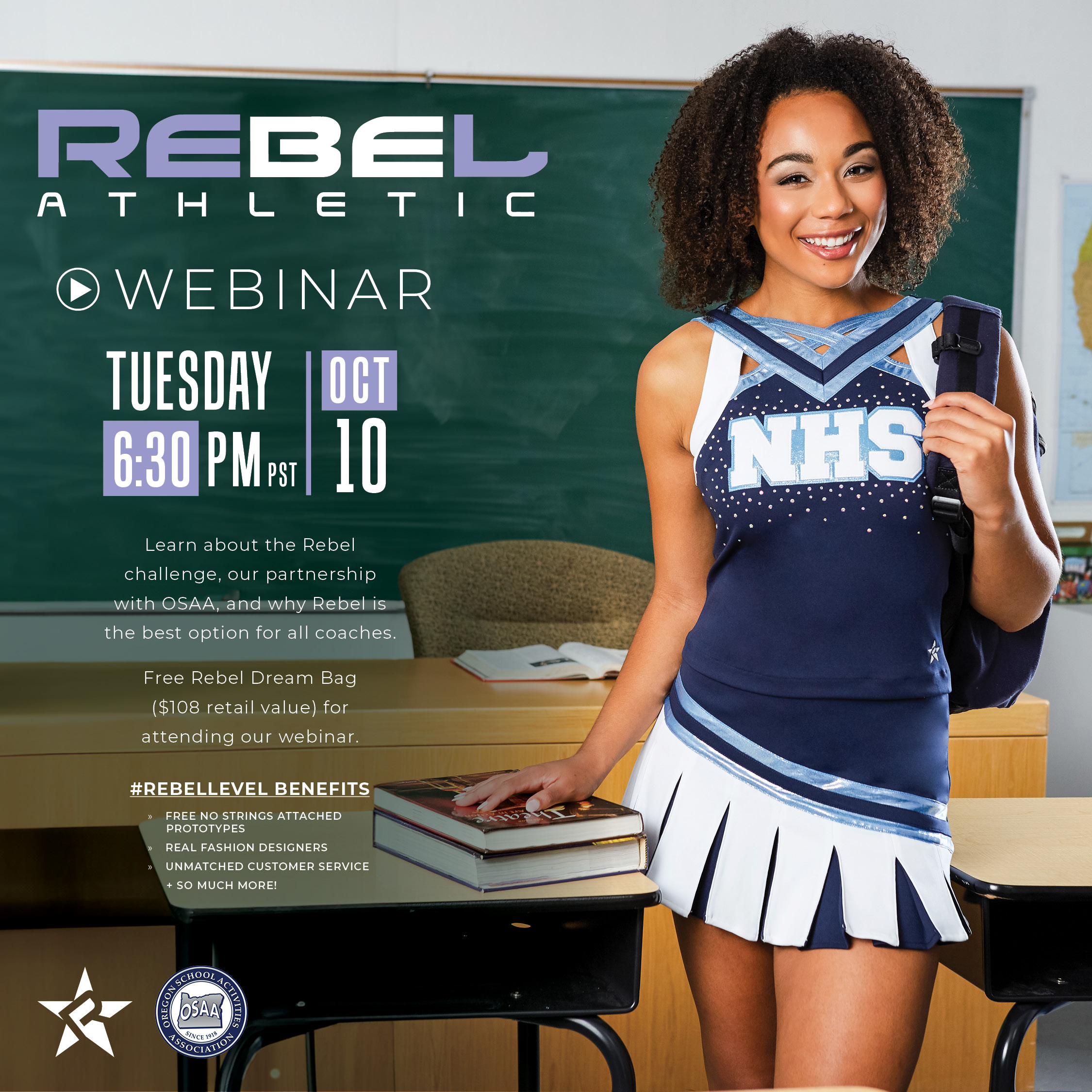 OSAA on X: Remember to join our partner @RebelAthletic for an informative  Cheer webinar tomorrow! Each participant will receive a Rebel dream Bag for  joining. Register Here:   / X