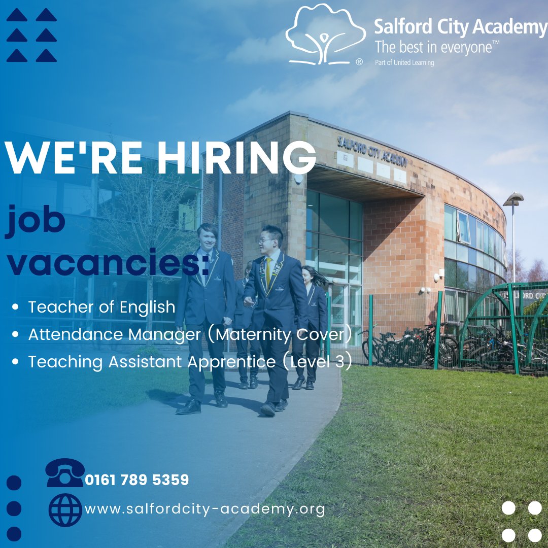 We're hiring 🎉

We currently have vacancies for;
Teacher of English
Attendance Manager
Teaching Assistant Level 3

Competitive salary and excellent benefits 👍 Join the SCA community and thrive 🌟

Interested? Click here
salfordcity-academy.org/about-us/vacan…